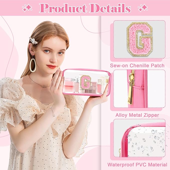 Personalized Initial Letter Clear Makeup Bag,Preppy Small Nylon&PVC Cosmetic Zipper Bag with Chenille Letter,Portable Beach Travel Skincare Toiletry Bag,Trendy Monogram Gift for Teen Girls Women,G
