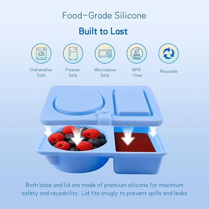 SEVENKA 3 Reuseable Silicone Snack Containers with Lids, Small Double Compartment Snackle Bento Box, Leakproof Sauce & Salad Dressing Containers for Travel, Office, Picnic, Dishwasher Safe