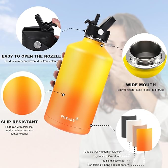 Water Bottle Insulated 32oz 40oz 64oz 128oz Straw Lid Spout Lid & 3 Lids, Leak Proof, Vacuum Insulated,Stainless Steel Water Bottle Wide Mouth for Sports, Gym or Office