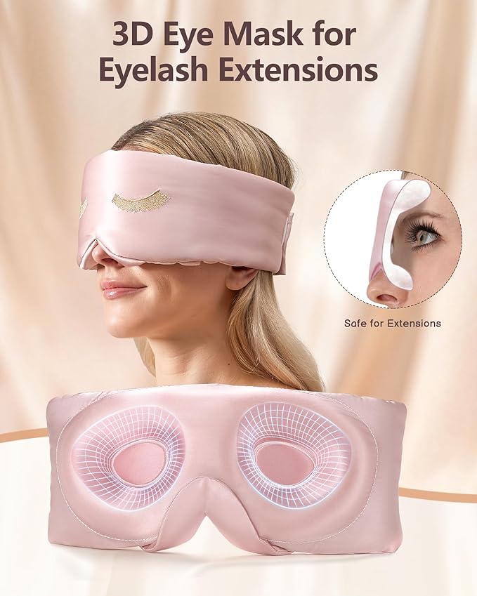 BeeVines Pure Silk 3D Sleep Mask for Women, Luxury 100% 22 Momme Mulberry Silk 3D Contoured Eye Mask for Lash Extensions, Zero Eye Pressure & Blackout Blindfold for Sleeping, with Adjustable Band
