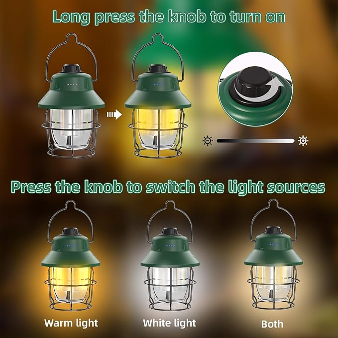 JINIU Rechargeable LED Camping Lantern, Mini Retro Portable Waterproof Lantern, 1000LM, 3 Light Modes (2700-6500K) Stepless Dimming Brightness, Hanging Tent Light for Camping, Power Outages