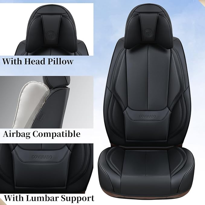 Coverado Car Seat Covers 5 Pieces, Full Set Universal Seat Covers for Cars, Waterproof Nappa Leather Auto Seat Protectors with Head Pillow, Car Interiors Fit for Most Pick-up Truck Sedans SUV, Black