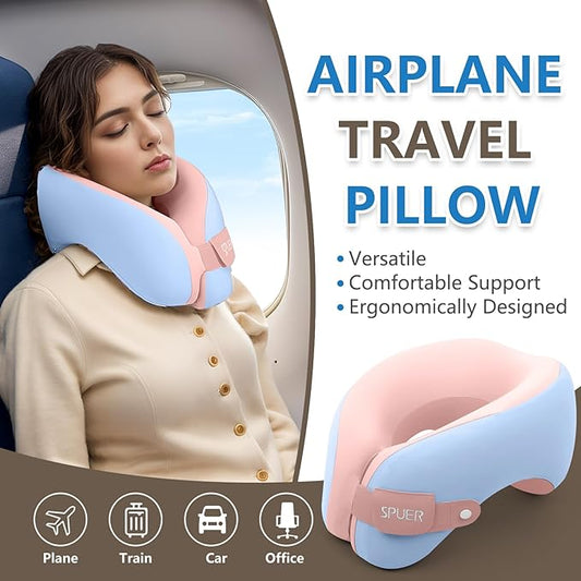 2in1 Ergonomic Memory Foam Travel Neck Pillow – Upgrade Travel Pillow for All Sleep Positions on Flights, Road Trips, and Long Distance Travel with Drawstring Bag (Adjustable - Blue and Pink)