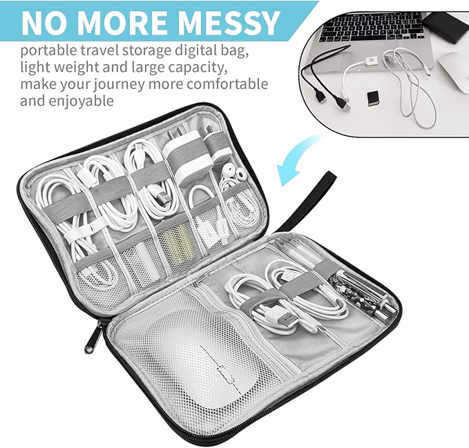 Electronics Organizer Travel Case,Electronic Accessories Storage Bag,Portable Waterproof Cable Organizer Bag,with 5 Cable Ties，for Travel,Work-Black
