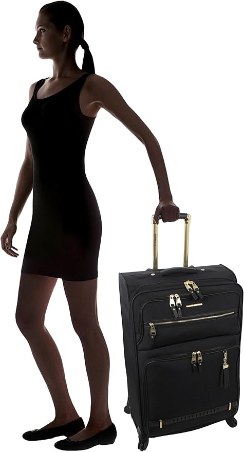 Steve Madden Designer Luggage - Checked Large 28 Inch Softside Suitcase - Expandable for Extra Packing Capacity - Lightweight Bag with Rolling Spinner Wheels (Peek-A-Boo Black)