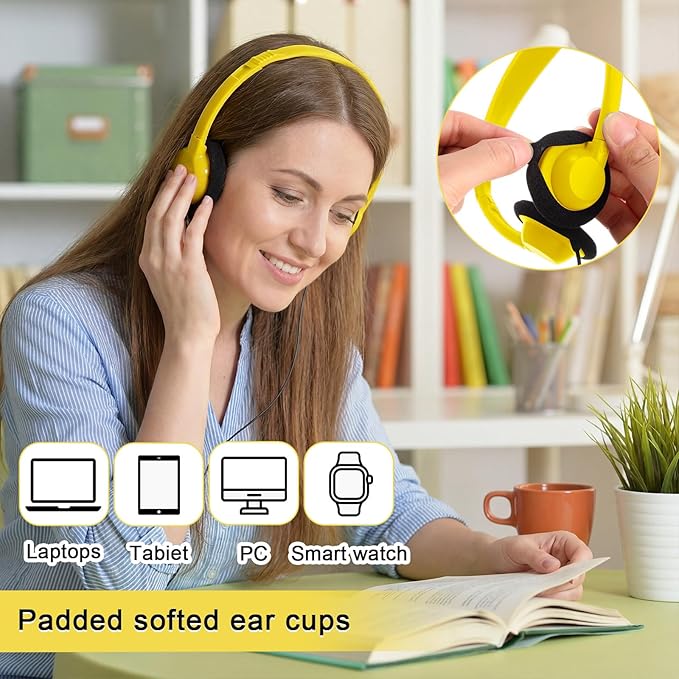 Yunsailing 30 Pack Bulk Headphones Set Over Ear Headphones with Adjustable Headband 3.5mm Plug Headsets Earphones for Learning Program, Computer Lab, Library, Testing & Multimedia Use (Yellow)