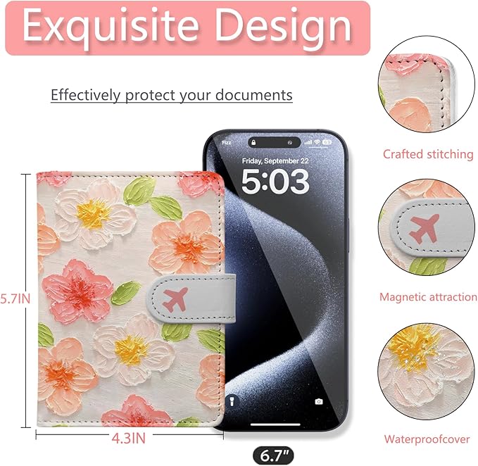 Passport Holder, Travel Wallet Cover with Pen Loop | Cute RFID Blocking Leather Case with Magnetic Closure for Travel Essentials-Flower
