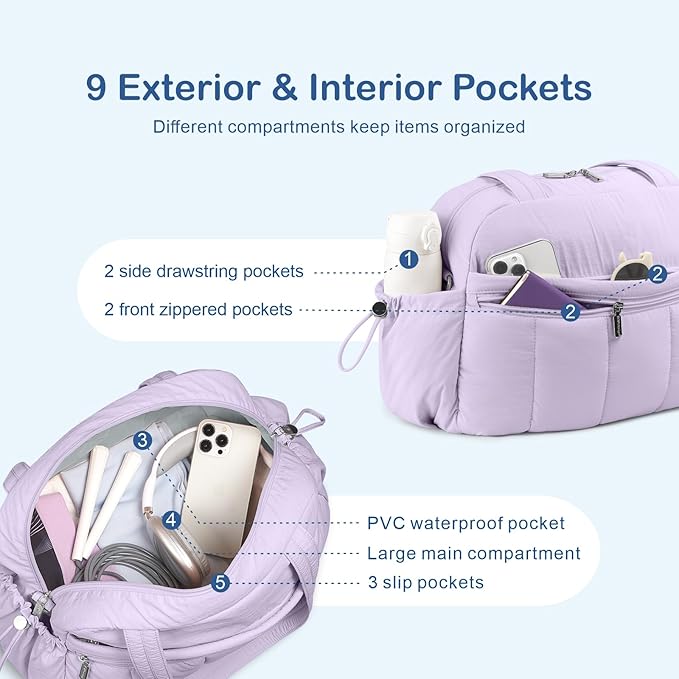 TOPDesign Travel Duffel Bag for Women, Puffer Gym Bag Sports Tote with Wet Pocket, Carry On Weekender with Luggage Sleeve (Light Purple)