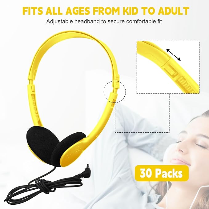 Konohan 30 Pack Headphones Bulk Headphone for School Classroom Student Wired Headphones Adjustable with 3.5 mm Jack for Adults (Yellow)