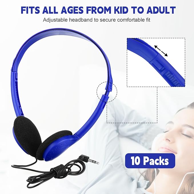 Konohan 10 Pack Headphones Bulk Headphone for School Classroom Student Wired Headphones Adjustable with 3.5 mm Jack for Adults (Dark Blue)