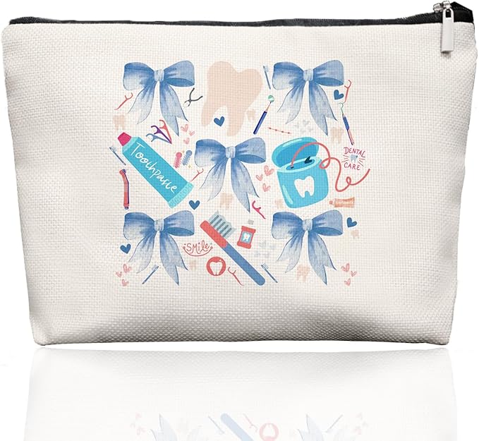 Smile Dental Care Makeup Bag, Cute Tooth & Bow Cosmetic Pouch for Dental Assistant Hygienist Dentist Gift for Women
