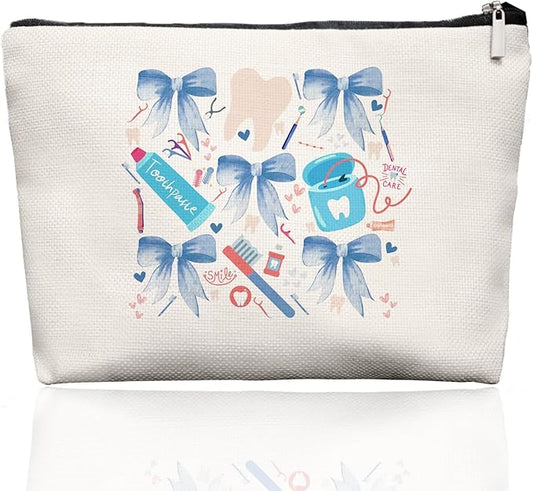 Smile Dental Care Makeup Bag, Cute Tooth & Bow Cosmetic Pouch for Dental Assistant Hygienist Dentist Gift for Women