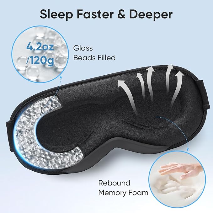 Weighted Eye Mask for Sleeping - Sleep Mask for Women & Men, Blackout 3D Contoured Sleeping Mask for Side Sleeper, Zero Pressure Soft Night Eye Cover with Adjustable Strap for Travel, Black