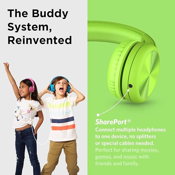 LilGadgets Connect+ Pro Wired Kids Headphones for School with Microphone, Volume Limiting Over-Ear Headset with Cord, SharePort Technology & SoftTouch Padding, Green