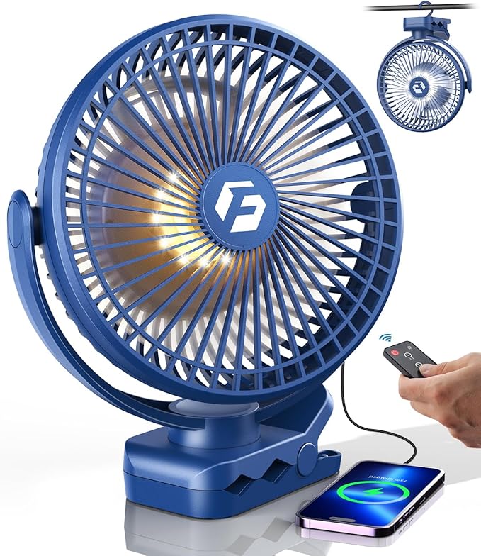 8-inch Clip-on Fan - 12000mAh Portable Rechargeable Battery, 3 Speeds, Strong Airflow, USB, Small Desk, Personal Quiet for Office, Stroller, Bedroom and Camping