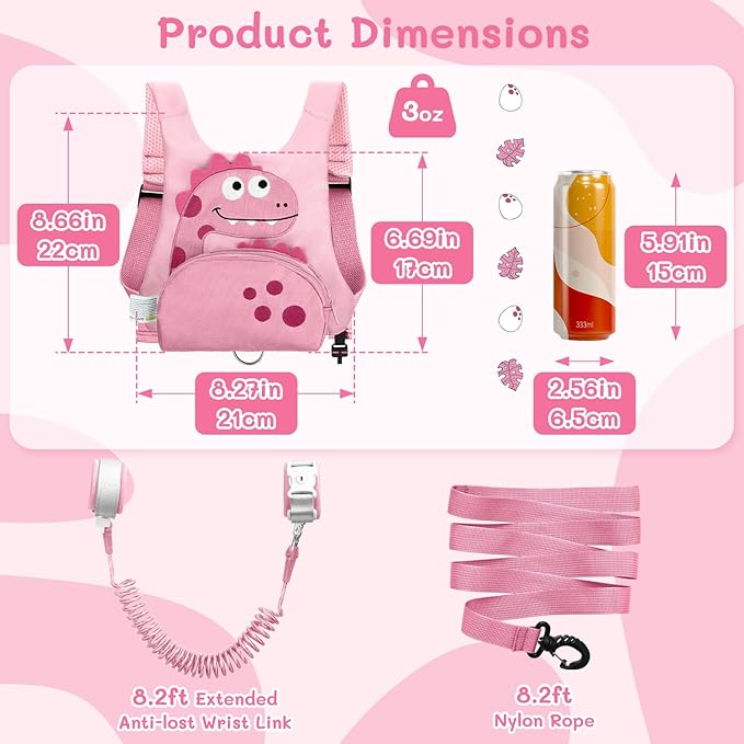 3 in 1 Toddler Harness Leash + 8.2ft Anti Lost Wrist Link, Cute Dinosaur Kids Anti Lost Leash with Key Lock, Child Walking Harness for Parent Boys Girls Keep Kids Close, Travel Essensials