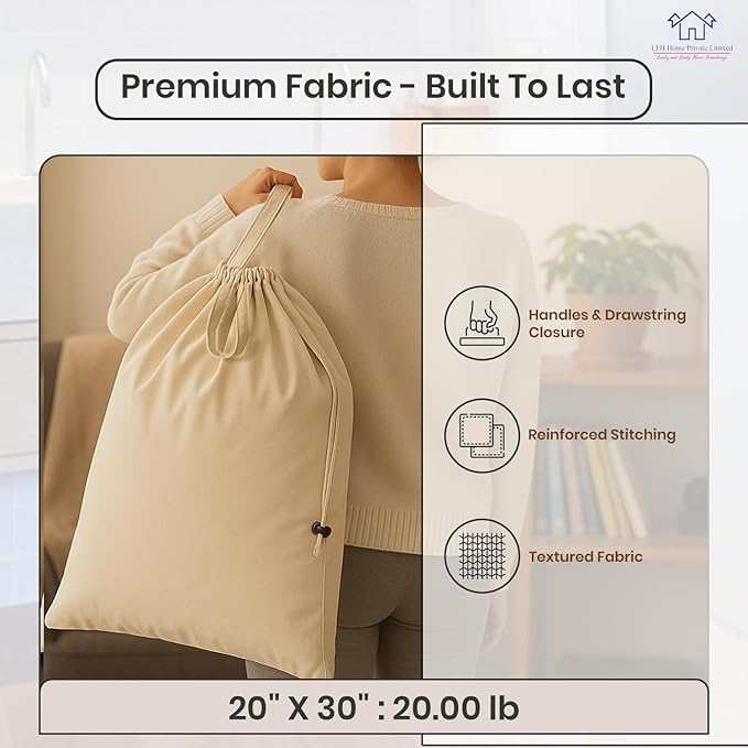 LFH Home Large Premium 100% Cotton Canvas Laundry Bag with Drawstring and Handles Heavy Duty, Multi-Use, and Washable for Home, Travel, College or Storage 20x30 (Pack of 4)-Natural