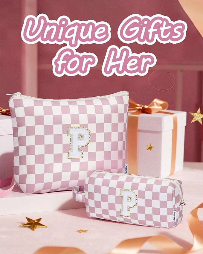 Narwey 2 Piece Personalized Initial Makeup Bag Checkered Cosmetic Bags, 6 8 10 11 12 13 14 16 18 Years Old Teen Girl Gifts Trendy Stuff Birthday Gifts for Women, Travel Toiletry Bag (Pink Letter P)