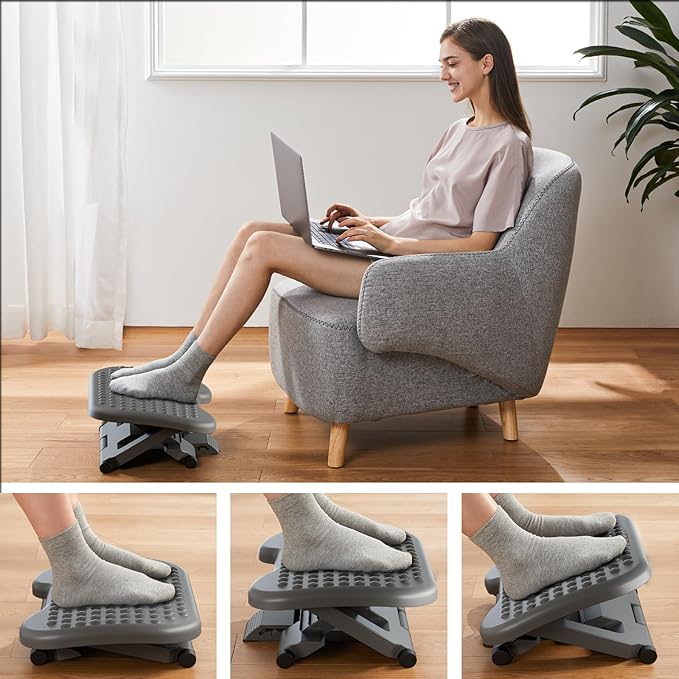 HUANUO Adjustable Desk Footrest, Foot Rest for Under Desk at Work with Massage, Adjustable Foot Stool with 3 Height Position & 30 Degree Tilt Angle Adjustment for Home, Office, Gray