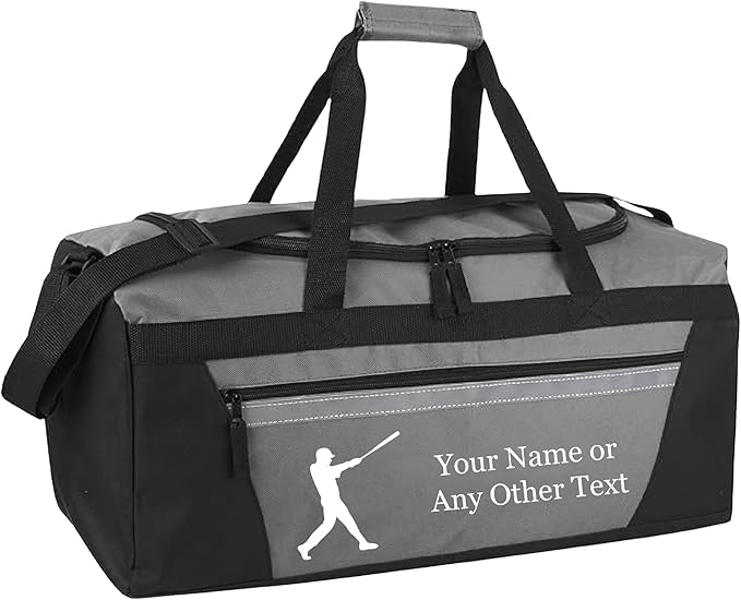 Personalized Sports Duffel Bags for Men and Women - 22” Customized Travel Duffle with Name & Baseball Design - Water Resistant Two-Toned Overnight Weekender Bag - Gray