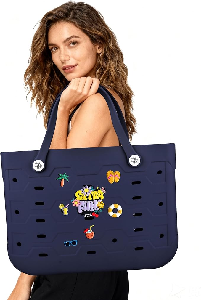 2-Piece Tote Bag Set, Waterproof Rubber Beach Bag with Summer Pattern, Medium & Large Handbag for Pool, Beach, Boat