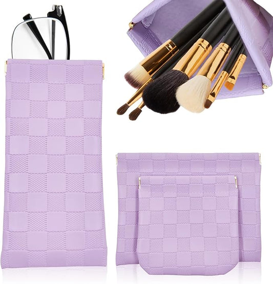 3PCS Small Makeup Bag for Women, Mini Cosmetic Bags Leather Pocket Pouch Purse,Snap Closure Waterproof Portable Bag,Checkered Storage Travel Bag for Lipstick Change Glasses Coin Cards (Purple)