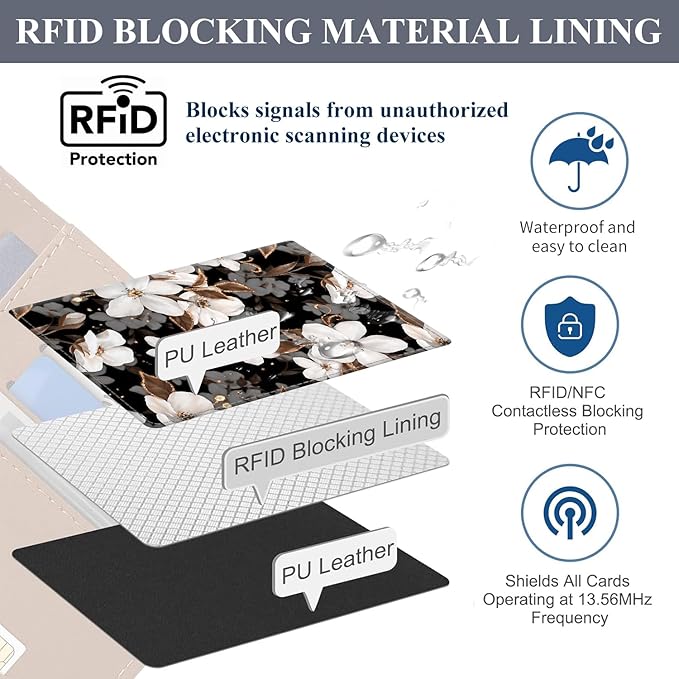 Passport Holder for Travel Essentials, RFID Premium Leather Passport Wallet Cover Case for Travel Must Haves Accessories, Passport Book Holders for Women Men Black Cute Flowers