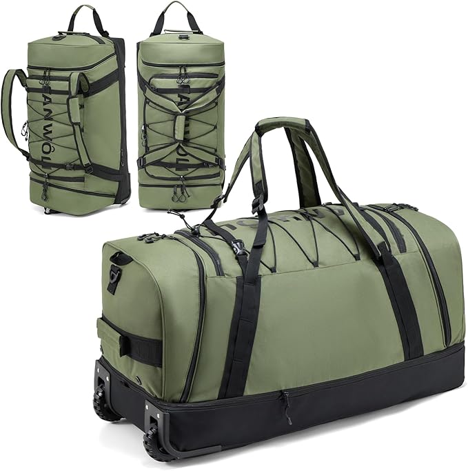 Fanwoli 92L 120L Large Rolling Duffle Bag with Shoes Compartment, 30’’ Expandable & Foldable Heavy Duty Water Resistant Travel Backpack, Convertible Foldable Duffel for Gym Camping Weekender