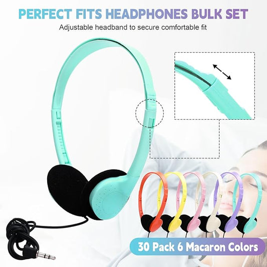 Konohan 30 Pack Headphones Bulk Headphone for School Classroom Student Wired Headphones Adjustable with 3.5 mm Jack for Adults (Macaron)