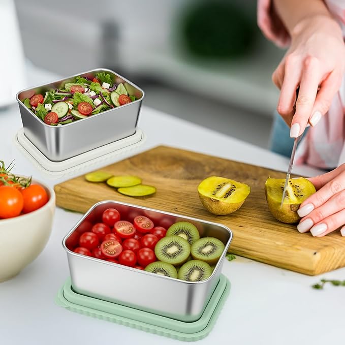 Acellegic Stainless Steel Snack Containers with Silicone Lids, 15 oz Reusable Food Storage Deli Containers for Meal, Leak Proof, Easy Open BPA Free Daycare and School (Blue, Pink, Green,Beige,4 Pack)
