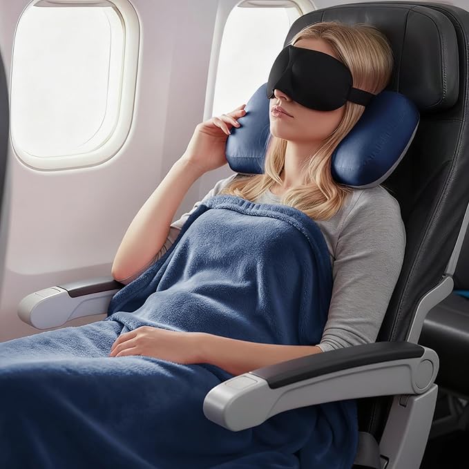 4-in-1 Travel Pillow & Blanket Set with Eye Mask, Memory Foam Neck Support, 50x65 Inch Blanket, Storage Bag for Airplane, Car, Train, Home Travel Blue