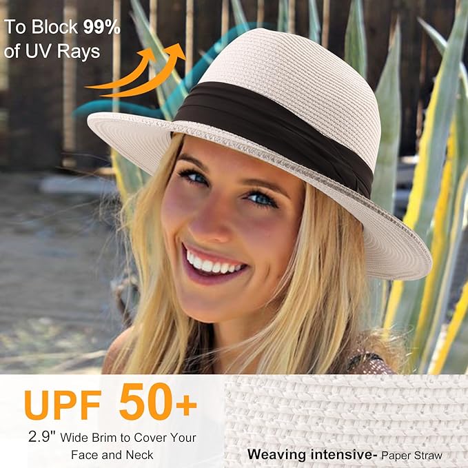 DRESHOW Women Straw Panama Hat Travel Fedora Beach Sun Hat Summer Wide Brim Straw Roll up Hat UPF 50+