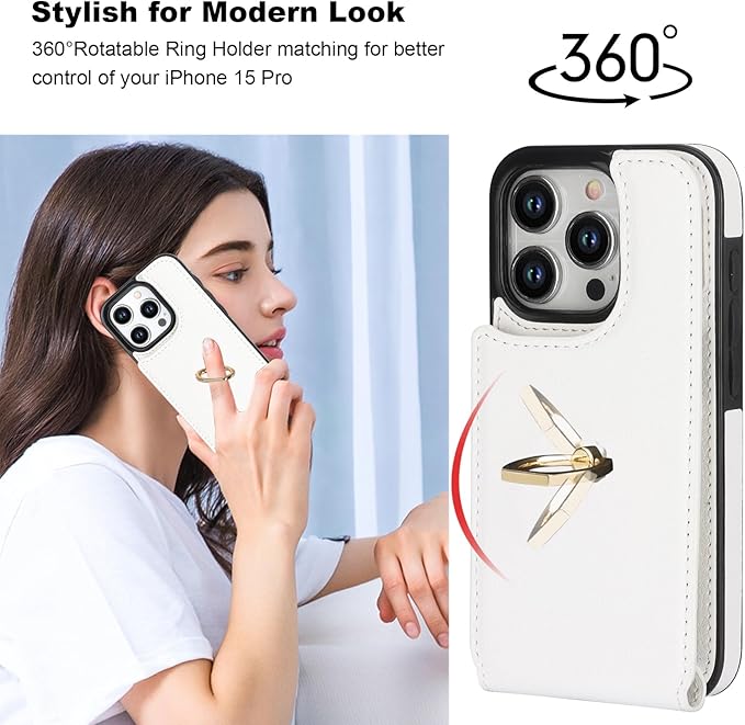 Folosu Compatible with iPhone 15 Pro Case Wallet with Card Holder, 360°Rotation Finger Ring Holder Kickstand, RFID Blocking Leather Protective Double Buttons Shockproof Cover 6.1 Inch White