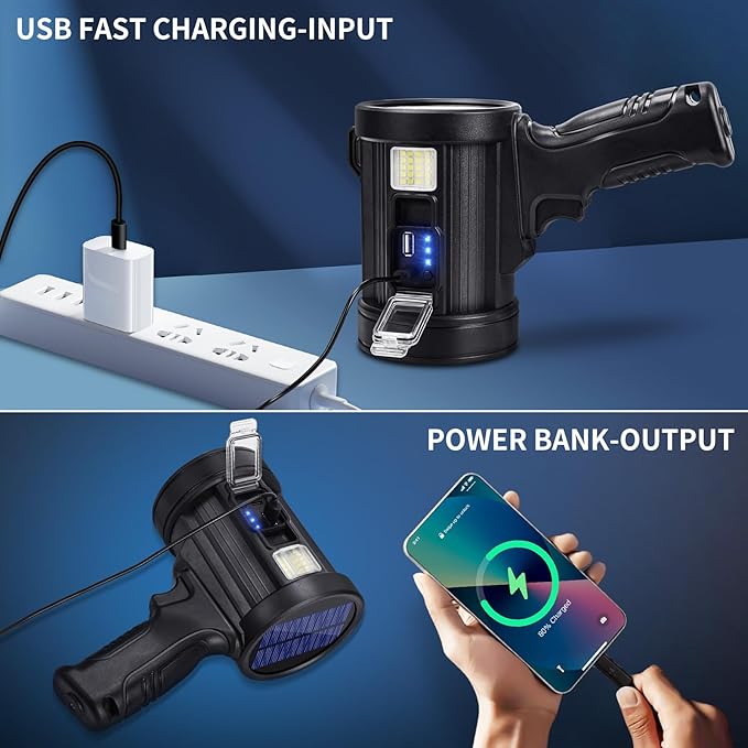 Rechargeable Spotlight, 99000 Lumens Bright LED Spotlight Flashlight, Long Running Spot Light Searchlight, Outdoor Handheld Spotlights with Solar Panels for Hunting,Camping,Boat,6 Spotlight Modes