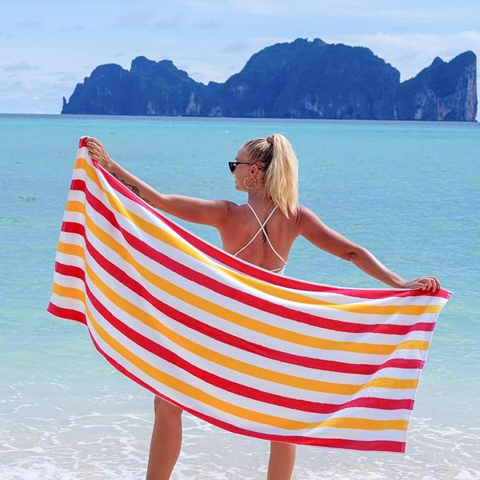 Arkwright Cabo Cabana Stripe Beach Towel - Pack of 4 - Large Soft Quick Dry Cotton Terry Towels for Pool, Swim, and Hot Tub, Oversized 30 x 70 in, Raspberry/Mango