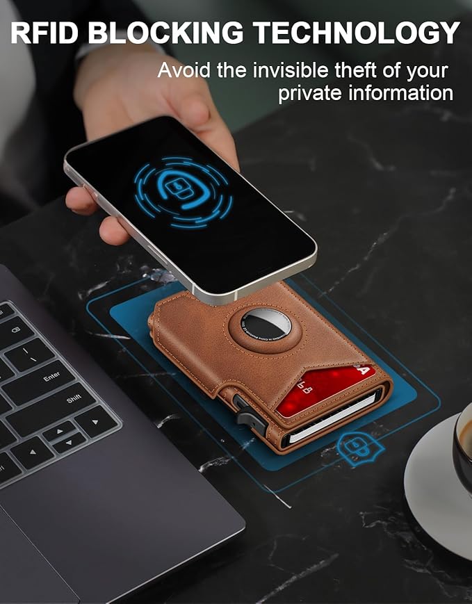 Airtag Wallet for Men, Minimalist Slim Mens Wallet Smart Pop Up Credit Card Holder for 9-13 Cards, RFID Blocking Wallet with ID Window & Cash Slot, Compact Bifold Metal Aluminum Card Case