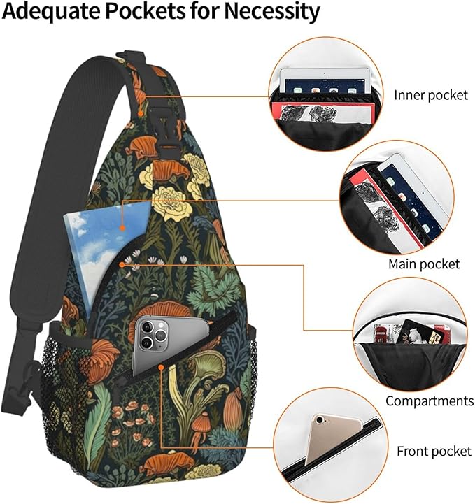 Botanical Mushroom Sling Backpack Crossbody Bag Casual Chest Bags Travel Hiking Daypack Shoulder Bag for Women Men