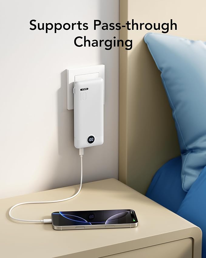 VRURC Portable Charger with Wall Plug, 10000mAh PD 20W Fast Charging Slim Portable Charger Built in Cables,Power Bank with Cords,USB C Portable Phone Charger Travel Accessories -White(1 Pack)