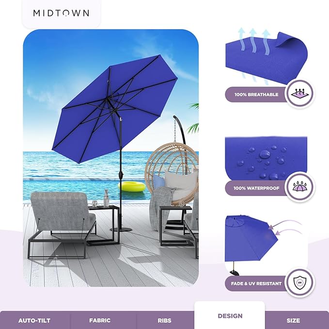 Midtown Umbrellas 10-Year-No-Fade - 10 Ft - UV Proof Royal Blue Polyester Fabric - Umbrella Outdoor Patio, Aluminum Frame Large Patio Umbrella for Garden, Pool & Deck - Black Pole