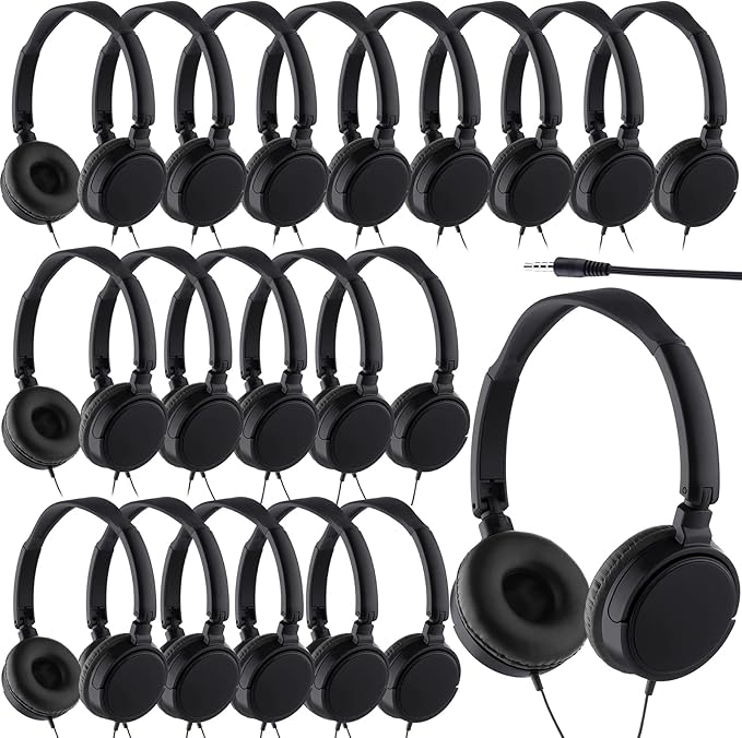 Yunsailing 6 Pack Classroom Headphones Bulk Student Wired Class Headphones Set for School with Individually Wrapped Adjustable Over Ear Head Earbuds (Black)