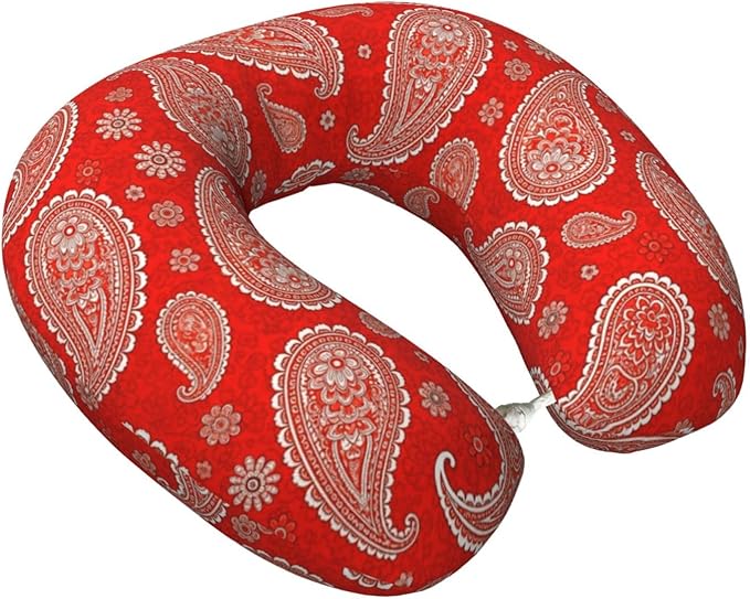 Comfortable Memory Foam Travel Neck Pillow, Funny Chin/Head Cushion Supporting Airplane Car Pillows Paisley Bandana Red for Sleeping Outdoors Travel Office