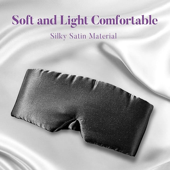 Satin Sleep Mask - Updated Design Light Blocking Eye Mask for Men and Women, Soft and Comfortable Night Sleeping Mask, Eye Cover for Travel/Sleeping (Black)
