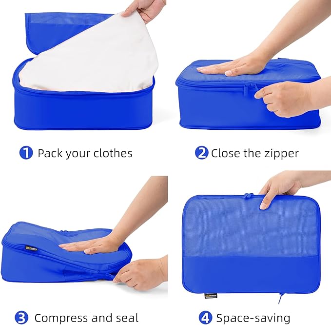 4 Piece Compression Packing Cubes for Suitcases and Backpack, Lightweight Travel Organizers (Bright Blue)