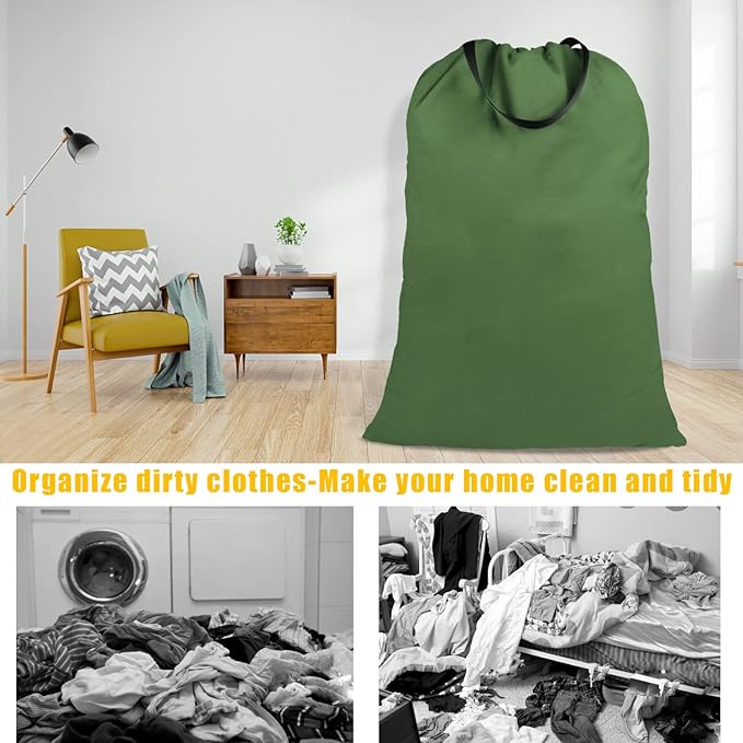 Cotton Canvas Laundry Bag with Handles & Drawstring Straps, Heavy Duty Extra Large Laundry Bags for Laundromat and Household, 25.5x34 Inch, Army Green