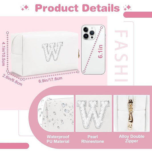 Bride Gifts – Personalized Initial Makeup Bag with Pearl Rhinestone Patch, Preppy White Monogram Cosmetic/Toiletry Pouch, bridesmaid Gifts, Bridal Shower Gifts, Wedding Gifts, Bridal Gifts,W