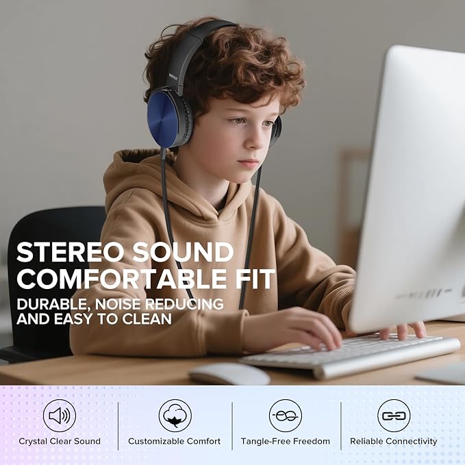 Bulk Headphones for Classroom School Student,24 Pack Durable Wired Kids On-Ear Earphones,3.5mm Plug for Computer,Kindle Fire,Chromebook,Laptop,Mobile Phone(HTC004,Colorful)