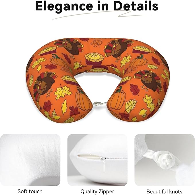 Neck Pillow Memory Foam Travel Pillows Comfortable for Airplane Flight Car Travel Office Nap and Sleeping, Funny Cushion for Head Shoulder Orange Pumpkin Color Thanksgiving Turkey
