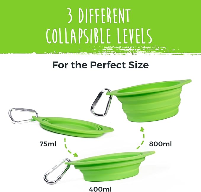 Mighty Paw Travel Dog Bowl Set - Silicone Food - Bonus Carabiner Clip - Ideal for Hiking - Camping - Lightweight - Leak-Proof - Collapsible Dog Bowl with Lid - Green - 2 Pack (27 Oz)