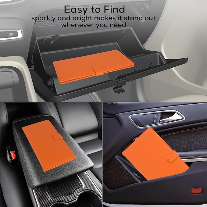 Car Registration and Insurance Holder, Leather Magnetic Shut Vehicle Glove Box Organizer for Document, Card, Driver License, Orange