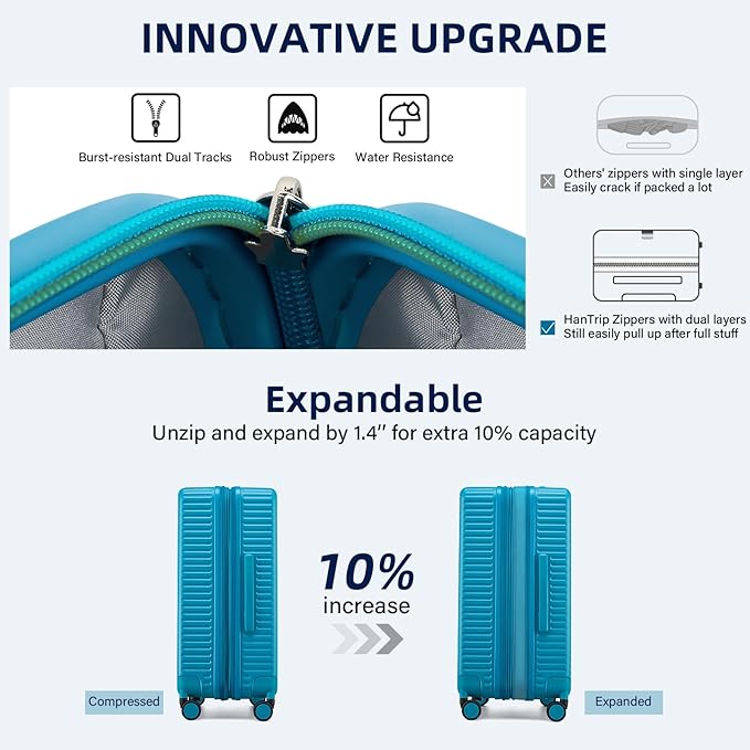 Hard Shell Suitcases Expandable Travel Luggage Sets 2 Piece, Carry on and Check in Luggage Lightweight Suitcase Set 2 Piece with Wheels Cup Holder Charger Built in (Caribbean Blue, 20/28)
